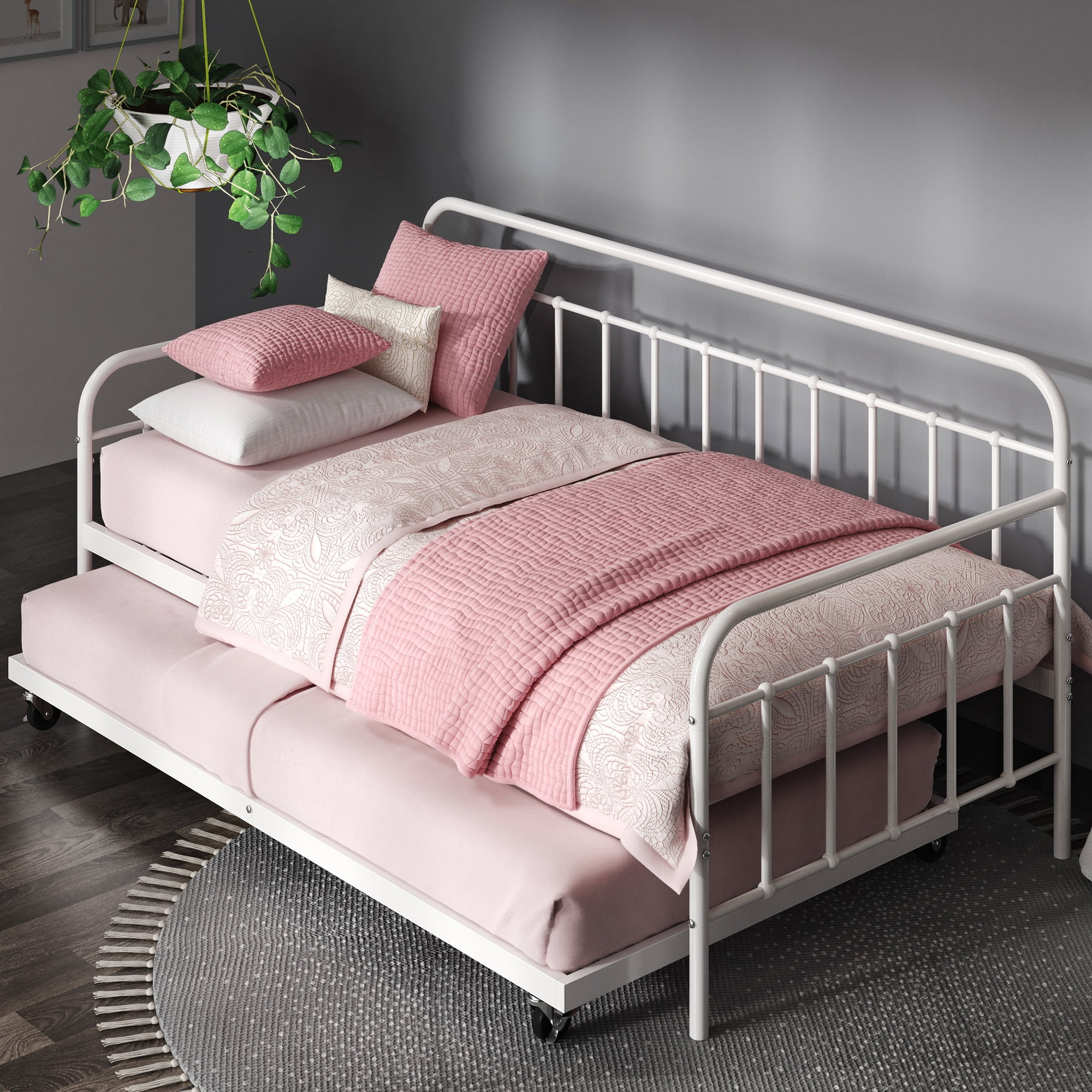 Foldable Iron Daybed Bed Frame With Headboard Premium Steel Slat Support Mattres 