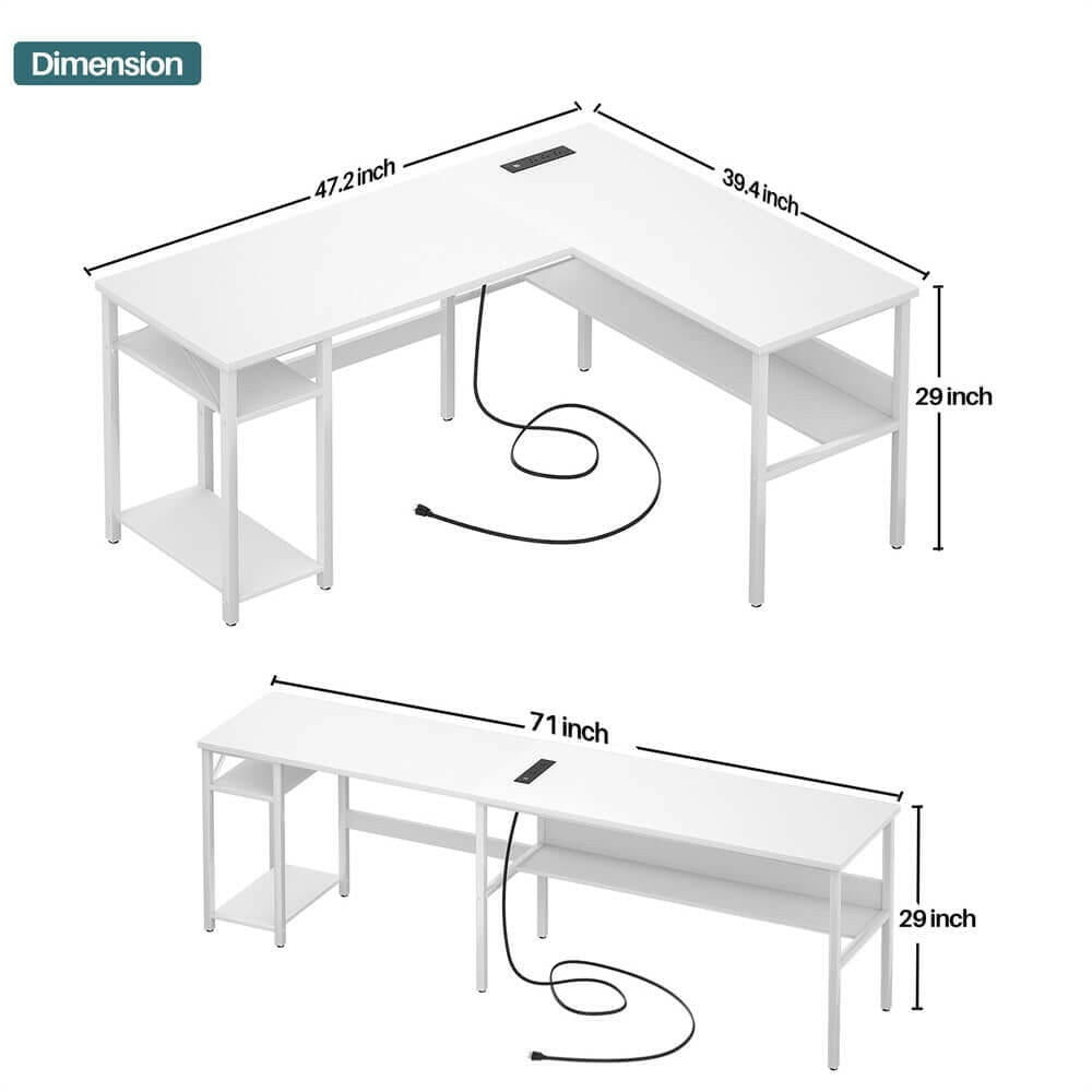 iSunirm Home Office L Shaped Desk with Magic Power Outlets and USB Charging Ports, 50.4"D x 42.5"W x 29"H, Storage Shelves, Reversible L Shaped Desk, Suitable for Students & Adults, White