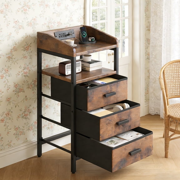 Bedroom Side Table Couch Side Table Night Stand With Charging Station And Light Bedside End Table With 3 Fabric Drawers 2 USB Ports And Outlets For Bedroom Rustic Brown
