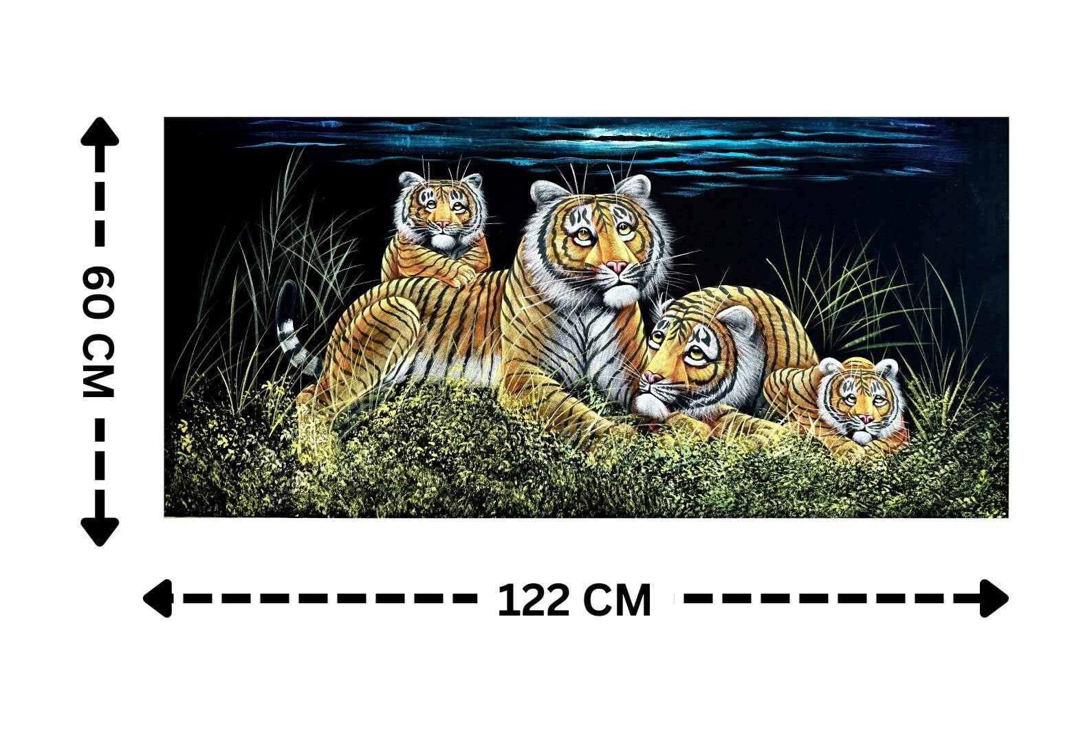 Tiger Family in the Wild Handmade Velvet Painting (122x60 cm) | Fabric Painting | Big Wall Art | Home Decor