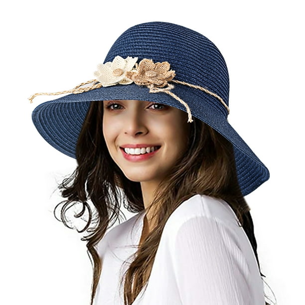 Bangcool Beach Sun Hat Foldable Flower Straw Wide Brim Beach Hat Summer Hat For Women Other One Size