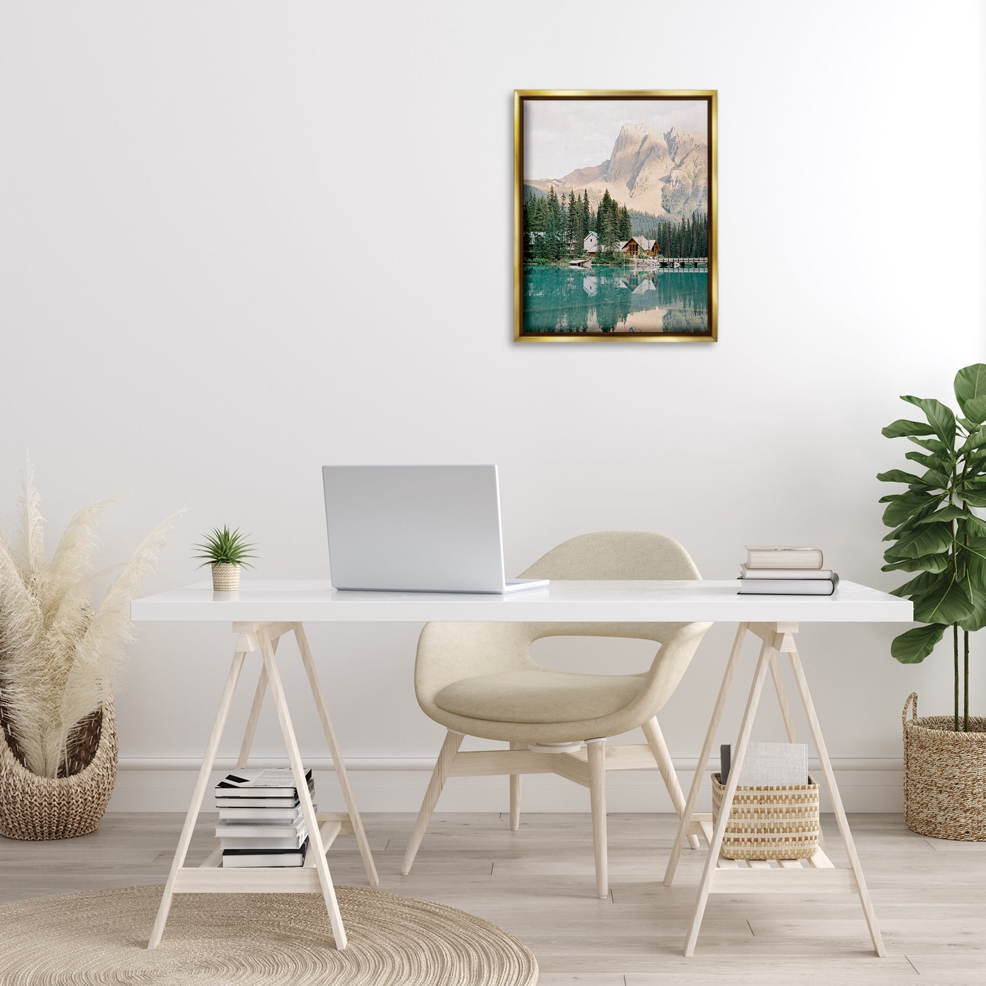 Stupell Industries Lakeside Cabin Landscape Landscape Photography Gold Floater Framed Art Print Wall Art, 17 x 21