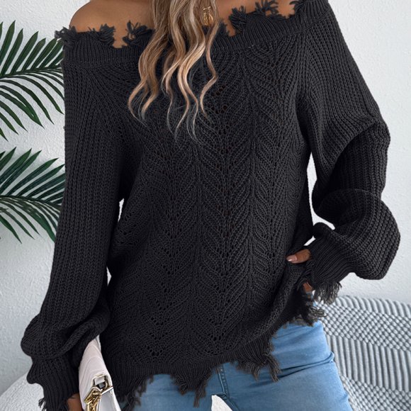 PEONAVET Crew Neck Sweater for Women Women‘s Casual Oversize Loose Hollow Long Sleeve Sheared Off-the-shoulder Pullover Sweater Coat