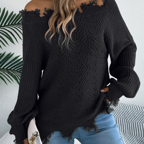 Suéter de cuello redondo para mujer, informal, holgado, de gran tamaño, con mangas largas, con hombros descubiertos, suéter, abrigo, camisa de poliéster para mujer