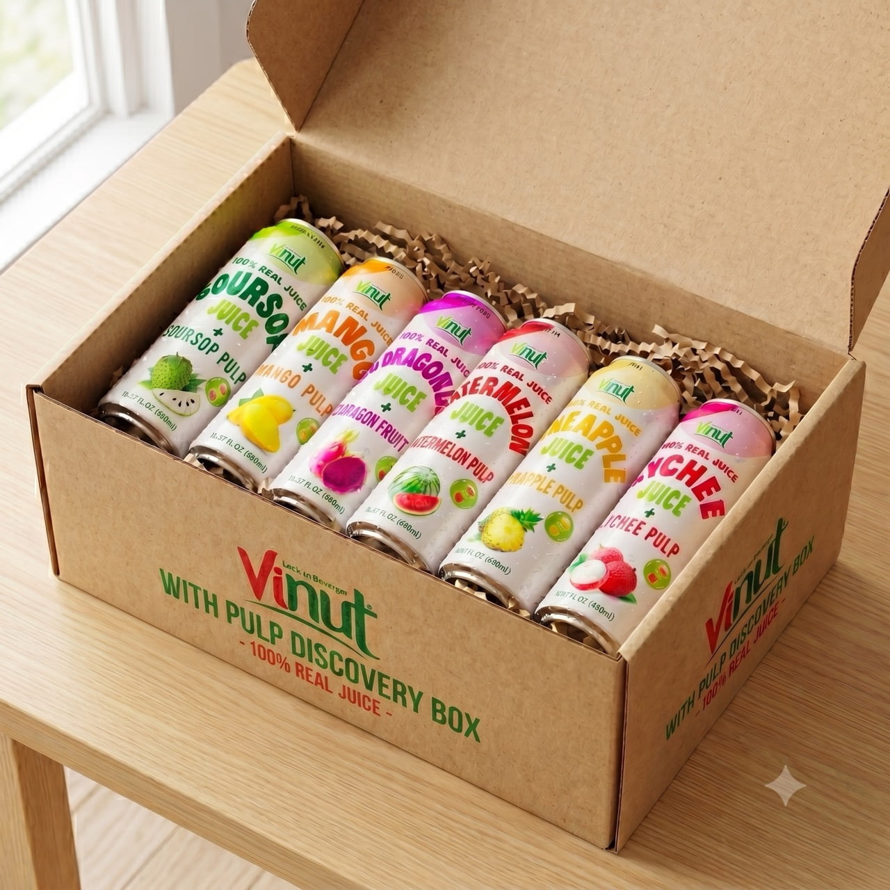 Vinut Discovery Box Fruit Juice with Pulp: Mango, Red Dragon Fruit, Lychee, Soursop, Pineapple, Watermelon
