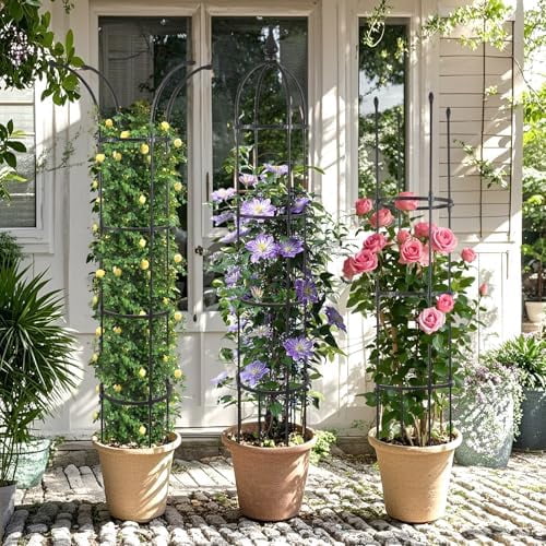 RibRave Obelisk Trellis for Climbing Plants Outdoor 6.6ft, Garden Tower Trellis for Potted Plants Indoor with Twist Tie, Clips and Butterflies Rustproof Coated Metal Support for Vines Rose 2Pack