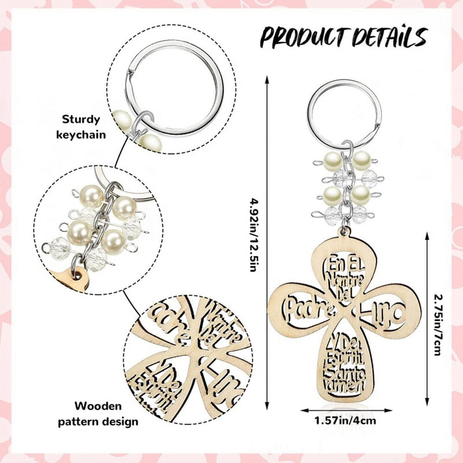 60Pcs Baptism Favor Keychain  Wooden Key Ring  Wood Design Key Ring with Bag for First Communion