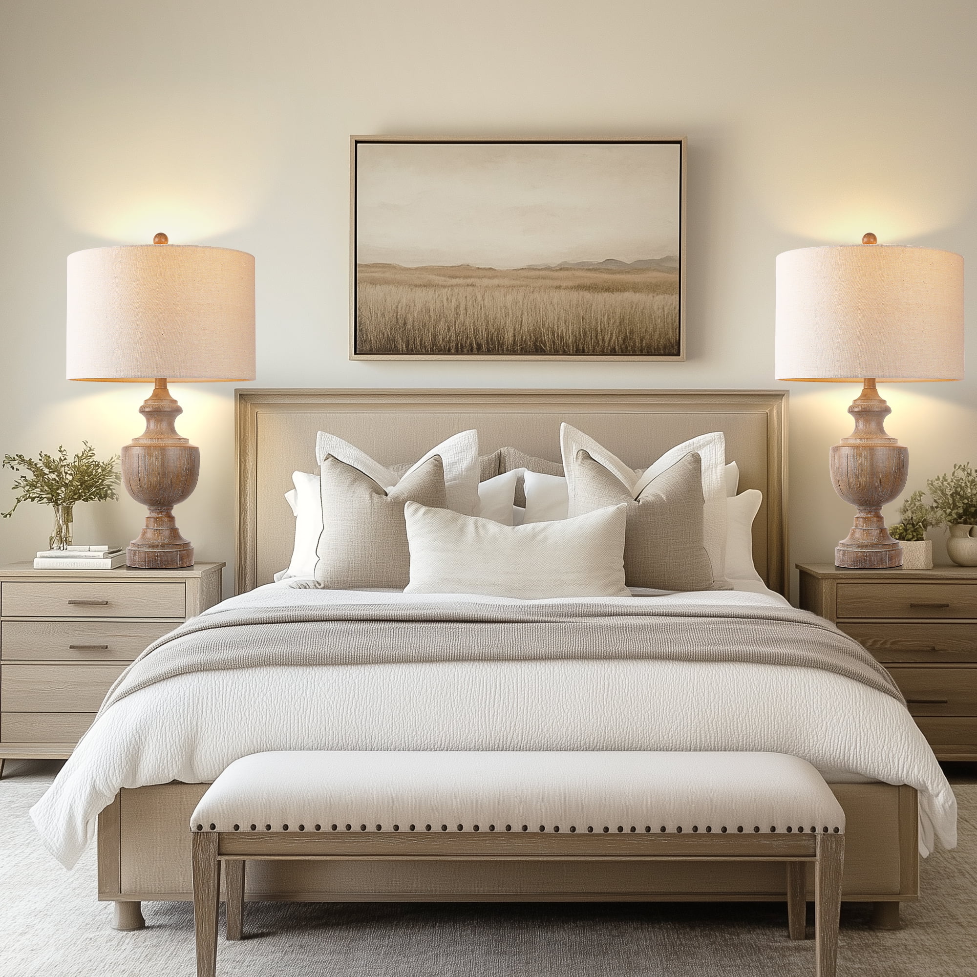 26.8" Large Brown Resin Table Lamp, Farmhouse Bedside Lamp Trophy Shaped End Lamp with Linen Shade 9W LED Bulb for Living Room Study
