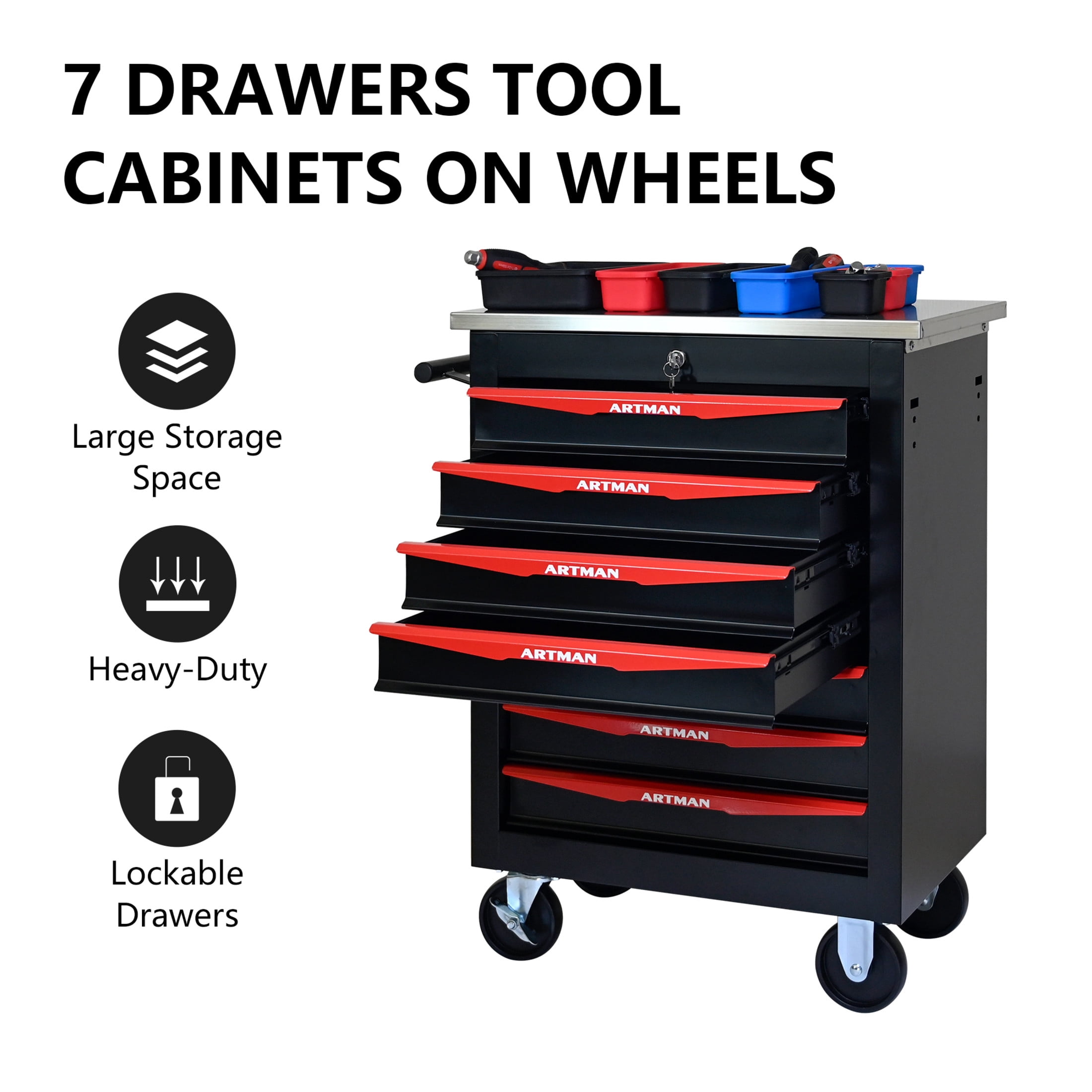 Noble House 7-Drawer Rolling Tool Organizer Cart, Steel Mobile Chest Storage with Worktop for Garage Workshop, Black