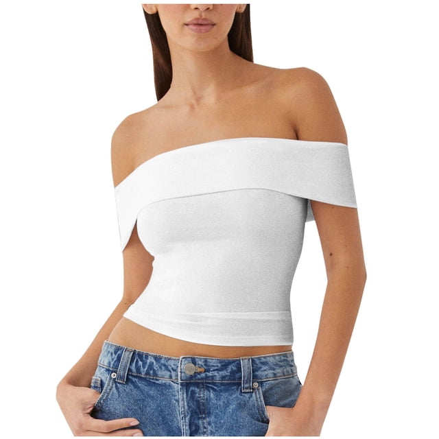 Dealovy Going out Tops for Women off Shoulder Crop Tops Short Sleeve Solid Color Stretchy Slim Fitted Basic Tees
