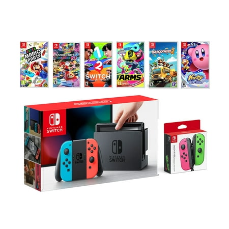 Nintendo Switch Party Game Bundle, 32GB Neon Red/Neon Blue Joy-Con Console Set, Neon Pink/Neon Green Joy-Con, Super Mario Party, Mario Kart 8 Deluxe, 1-2 Switch, Arms, Overcooked! 2, Kirby Star
