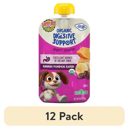 (12 pack) Earth's Best Organic Digestive Support Toddler Food, Banana Pumpkin Raisin Smoothie, 4 oz Pouch