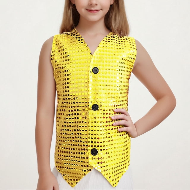 LOVZFMLL Vestes pour Filles Tenue de Performance pour Enfants T-shirt à Manches Courtes à Sequins Col Rond Élastique 1-2 Ans
