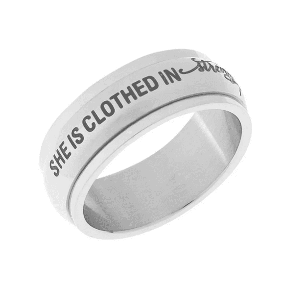 8mm Stainless Steel Women's Men's Inspirational Spinner Ring - She Is Clothed in Strength & Dignity Religious Christian Ring a Unique Anxiety & Stress Relief Gift for Your Friend