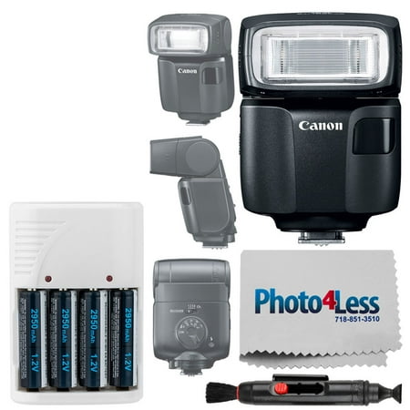 Canon Speedlite EL-100 Flash + Off Camera Flash Cord + 4 AA Batteries & White Charger + Flash Bracket + Universal Soft Flash Diffuser + Lens Cleaning Pen – Top Flash Accessory