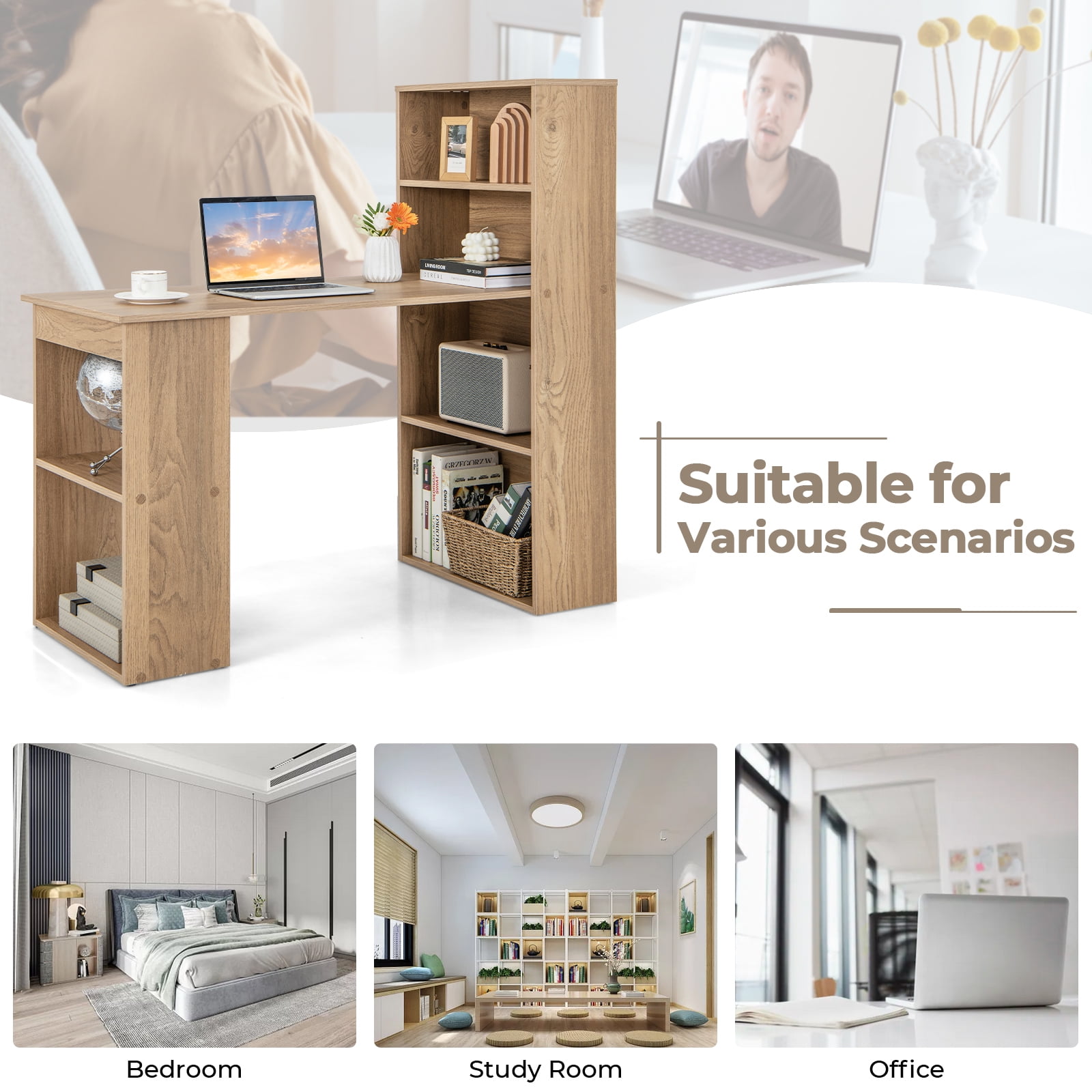 Topbuy 48 Inch Computer Desk with Bookshelf 3-in-1 Home office Desk with 4-Tier Bookcase & CPU Stand Space-saving Reversible Writing Desk Natural
