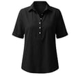 thumbnail image 7 of VBVC Women's Rolled Short Sleeve Half Button Blouse, Ladies' Collared V-Neck Loose Fit Shirt, Solid Color Summer Tunic Top For Women,Black,S-3XL, 7 of 7