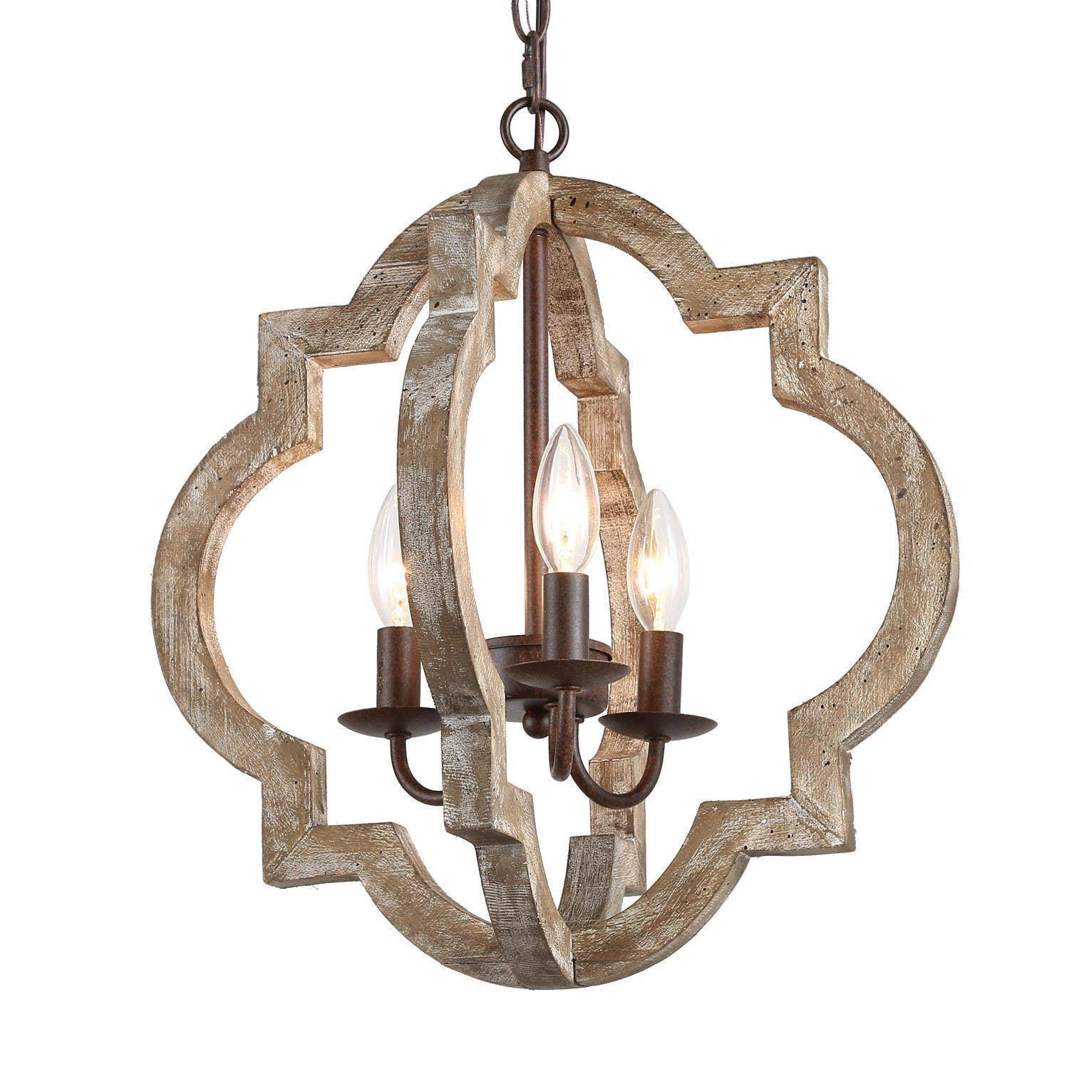 LNC 3-Light Distressed Brown Wood Farmhouse Globe Chandelier, Wood Vintage Pendant Light