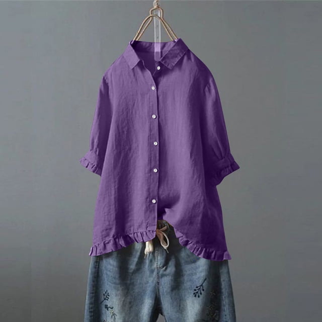 VKOYWKM Linen Shirts for Women Ruffle Trim 3/4 Sleeve Tops Plus Size Button Down Collared Blouses Solid Color Dressy Casual Blouses