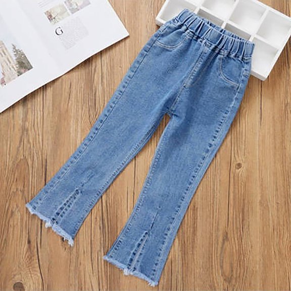 Kids Girls Jeans Denim Elastic Wasit Wide Leg Trousers Casual Kids Jeans 10-11 Years