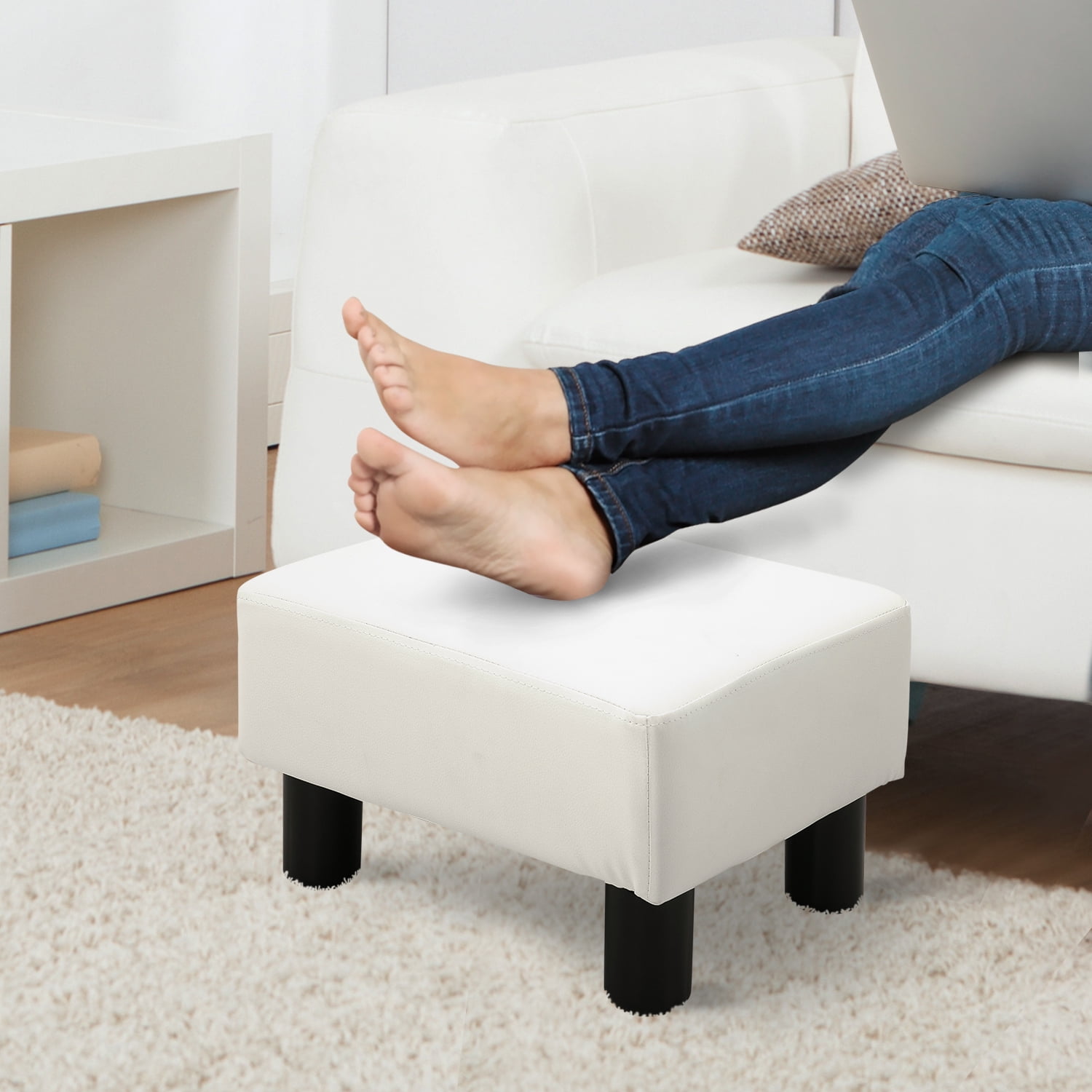 Costway PU Leather Foot Wood Ottoman for Living Room, Padded Low