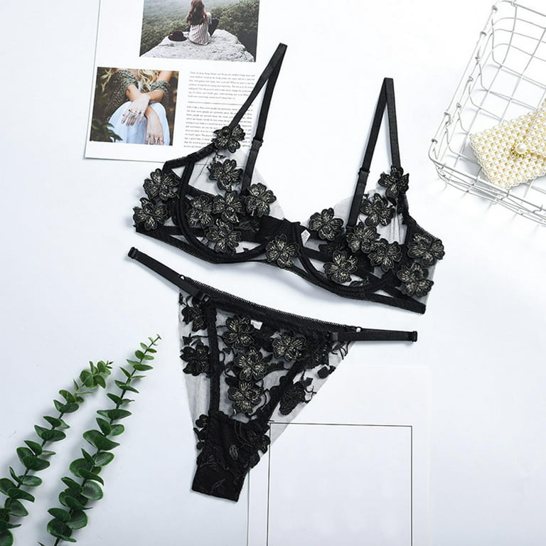 Gray Lace Perspective Bra Women Sexy Lingerie Embroidery Floral
