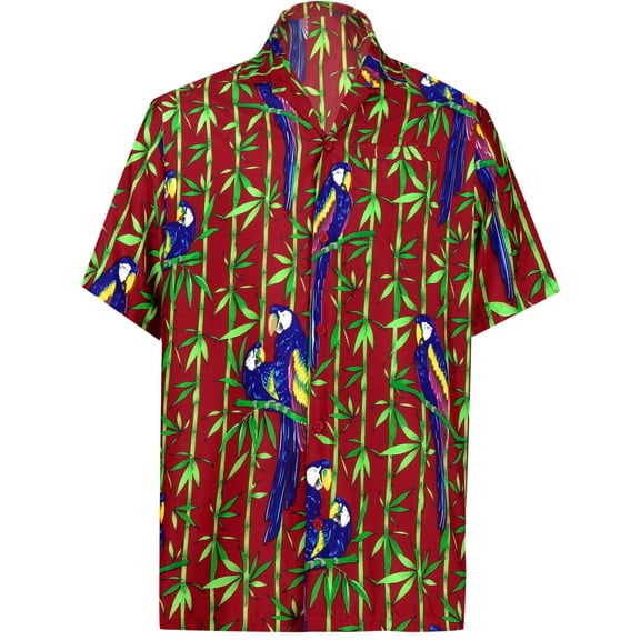 HAPPY BAY Men's Hawaiian Shirts Short Sleeve Button Down Shirt Men's Vacation Shirts Summer Beach Casual Tropical Shirts for Men Funny M Parrot Leaf, Red