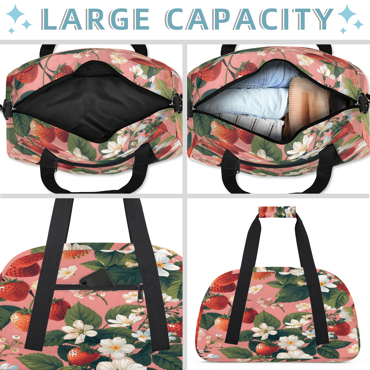 Herdesigns Sports Duffle Bags Travel Duffle Bag Gym Bag Strawberry Flower Weekender Travel Bag Waterproof Overnight Bag Carry On Travel Tote Bag Dance Bags