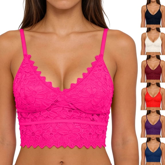 Jinhomg Women's Lace Padded Bralette Plunge Wireless Longline Bra Breathable Everyday Bras Hot Pink Free Size
