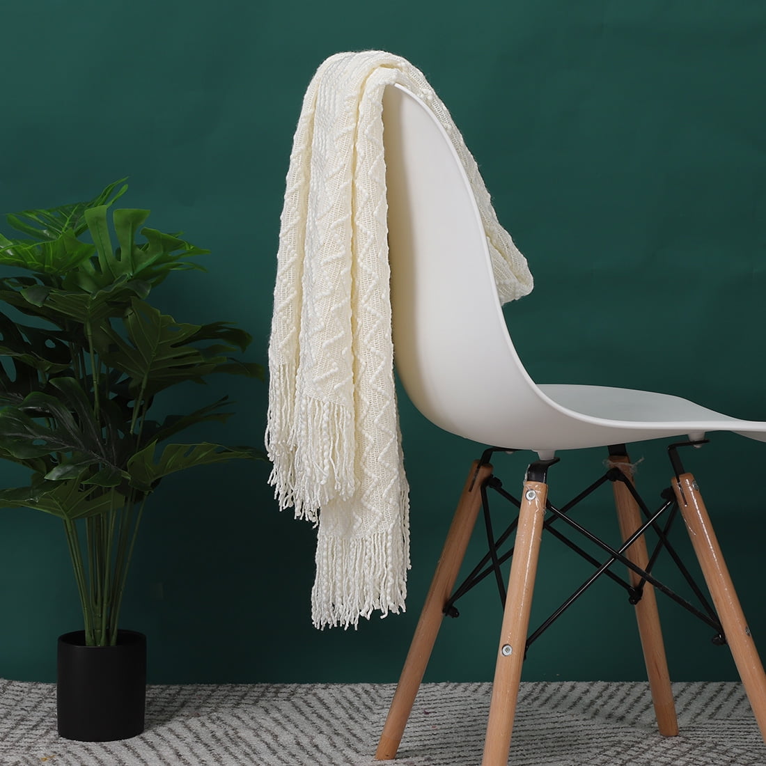 Unique Bargains Fringe Knitted Decorative Throw Blanket, 50"x 60", Cream White