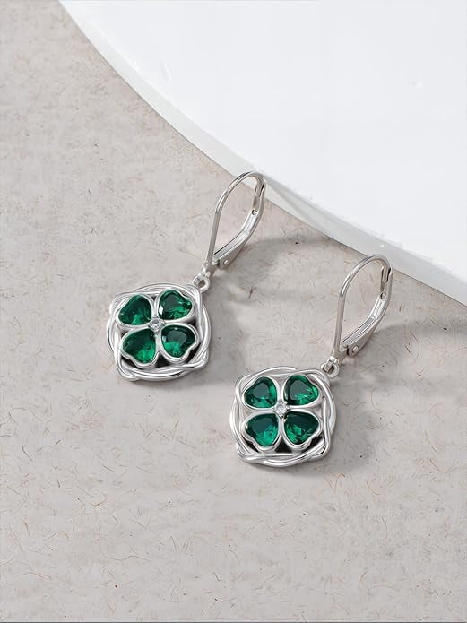 CACA LADY St Patricks Day Shamrock Dangle Earrings 925 Sterling Silver Four Leaf Clover Earrings Irish Jewelry Gifts for Women