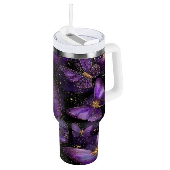 40 oz Stainless Steel Tumbler Vacuum Insulated Leak Proof Stainless Steel Coffee Cup Water Bottles Purple Butterflies