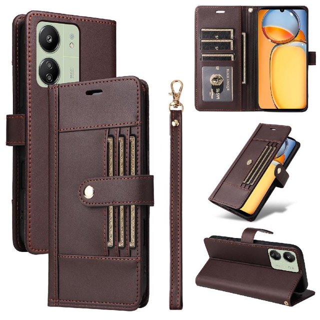 FOXDOCK Funda tipo Cartera para Xiaomi POCO C65 – Cubierta de Cuero PU con Múltiples Ranuras, Bolsillo para Efectivo y Correa de Muñeca
