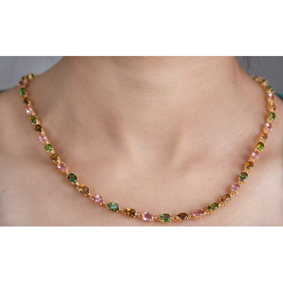 Multi Tourmaline Tennis necklace, Birthday Gifts, Women Chain Necklace, Yellow Gold Colorful Gemstone Necklace, Wedding Necklace, Jewelry