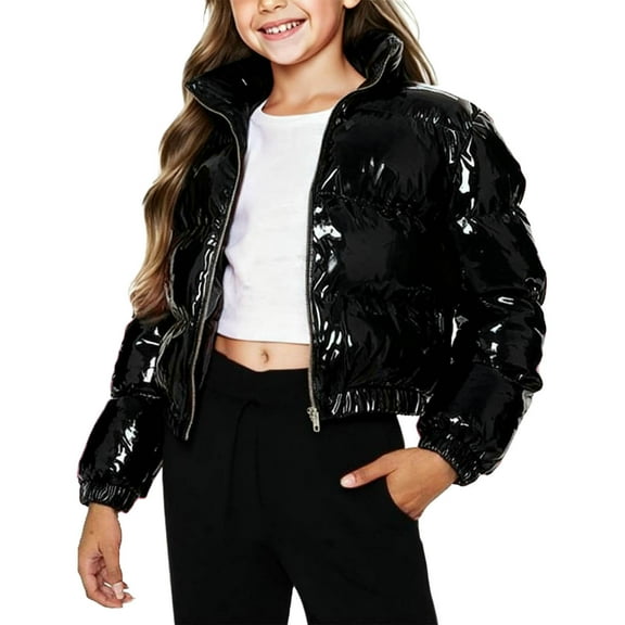 AINIYS Kids' Cropped Puffer Jacket with Stand Collar Zipper Closure Shiny Padded Coat for Winter Outdoor Casual Daily Wear Black 4-5Years