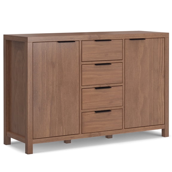 Simpli Home Hollander 54 inch Wide Solid Wood Contemporary Sideboard Buffet in Medium Saddle Brown