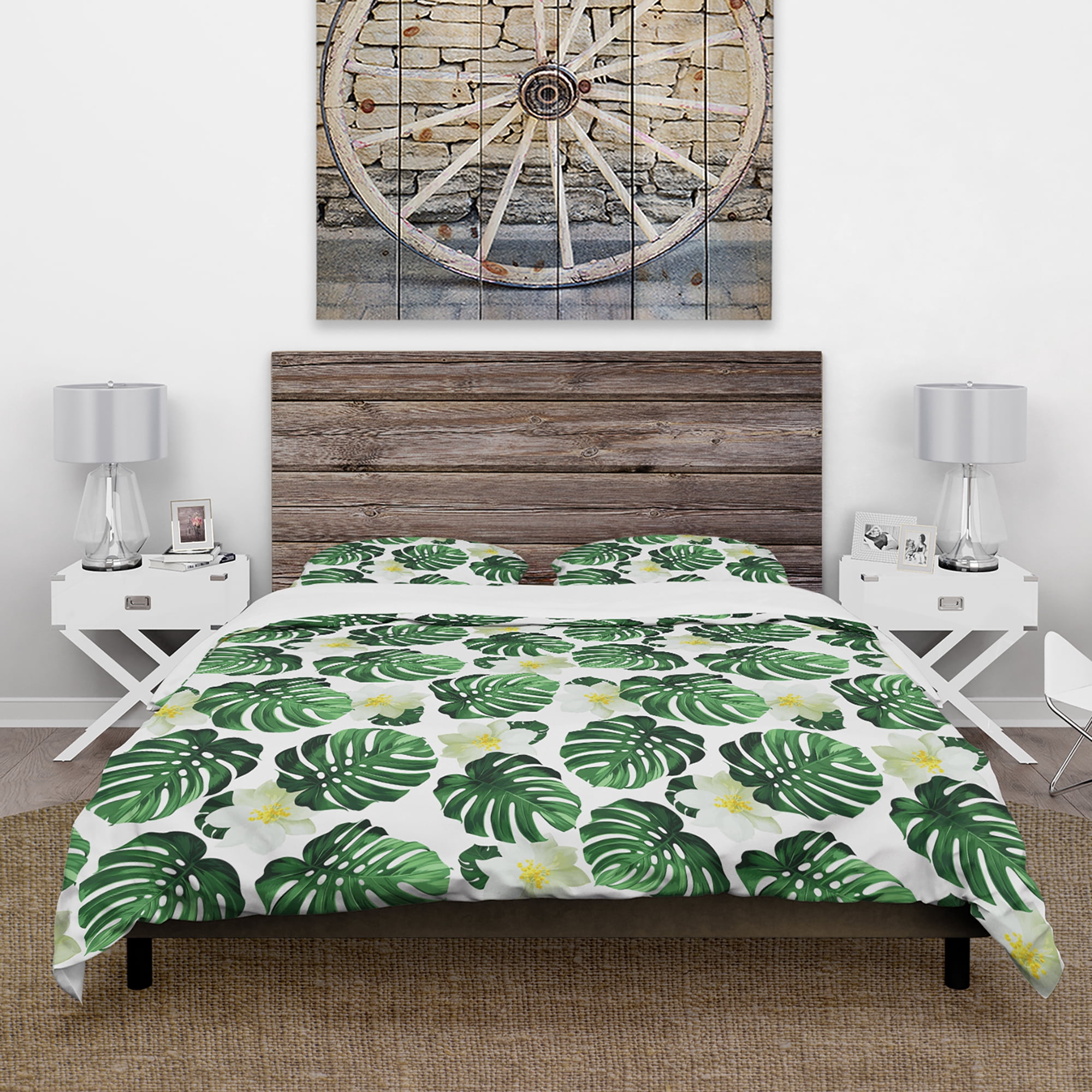 Designart 'Monstera Leaves with Blossoming Exotic White Flowers' Floral Duvet Cover Set