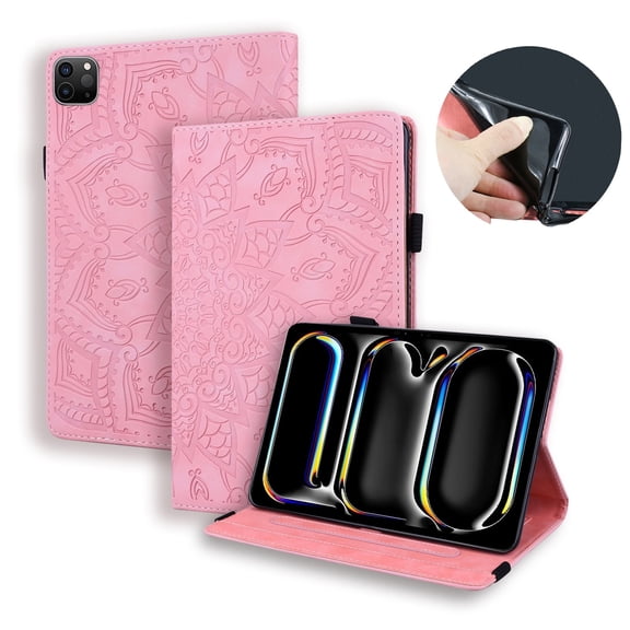 Dteck Folio Case for iPad Pro 13 Inch (M4/M5, 2024/2025),Mandala Embossed PU Leather Credit Card Holder Wallet Case, Multi-angle View Stand,Pink
