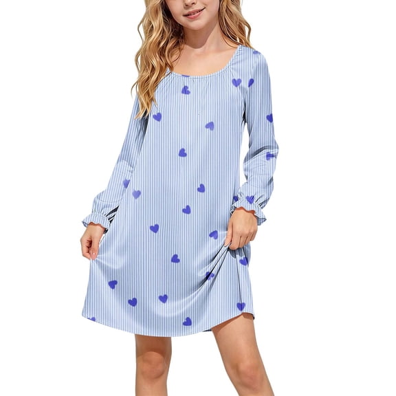 MKOSPLRT Princess Nightgowns for 5-15 Years Heart Striped Print Mini Sleep Shirts Satin Sleepwear Ruffle Long Sleeve Scoop Neck Loungewear