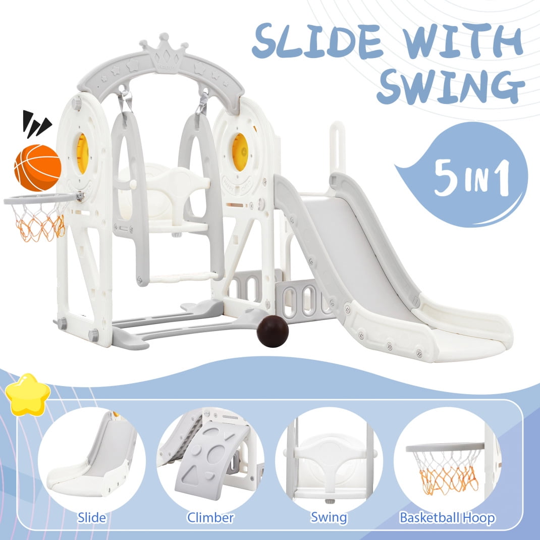 Toddler Swing and Slide Set 5 in 1, Kids Climber with Slide, Basketball