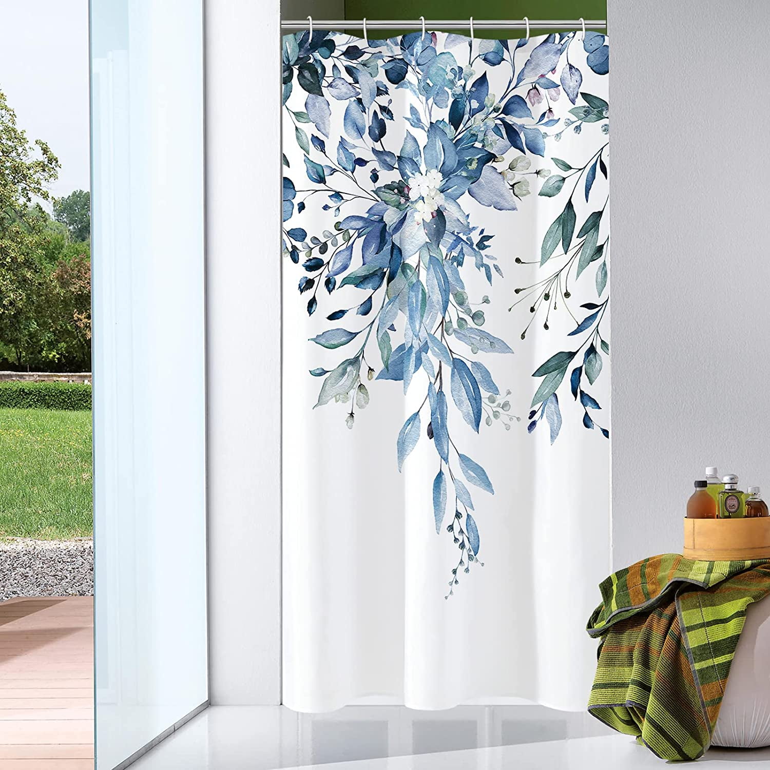 Small Stall Shower Curtain 36 x 72, Narrow Blue Floral Shower Curtain