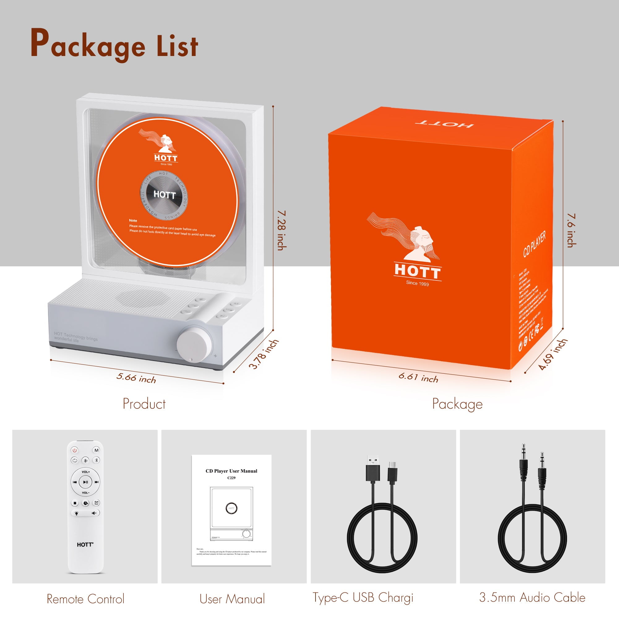 HOTT Portable Desktop CD Player with Bluetooth 5.3, HiFi Speakers, RGB Lights, Supports TF Card, USB, Transcription, LED Screen, Timer cd Players for Home(White)