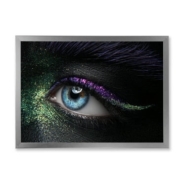 Designart 'Woman Eyes With Green & Purple Pigment & Sparkles' Modern Framed Art Print