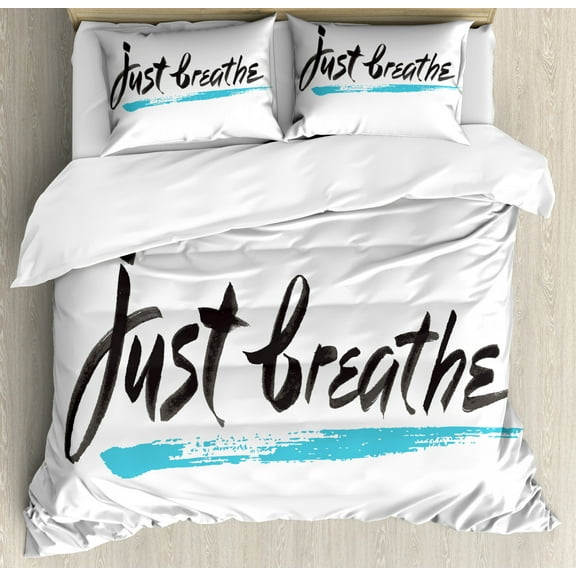 Just Breathe Duvet Cover Set King Size, Inspirational Message About Overcoming Panic and Stressful Mood, Decorative 3 Piece Bedding Set with 2 Pillow Shams, Pale Blue Black White, by Ambesonne