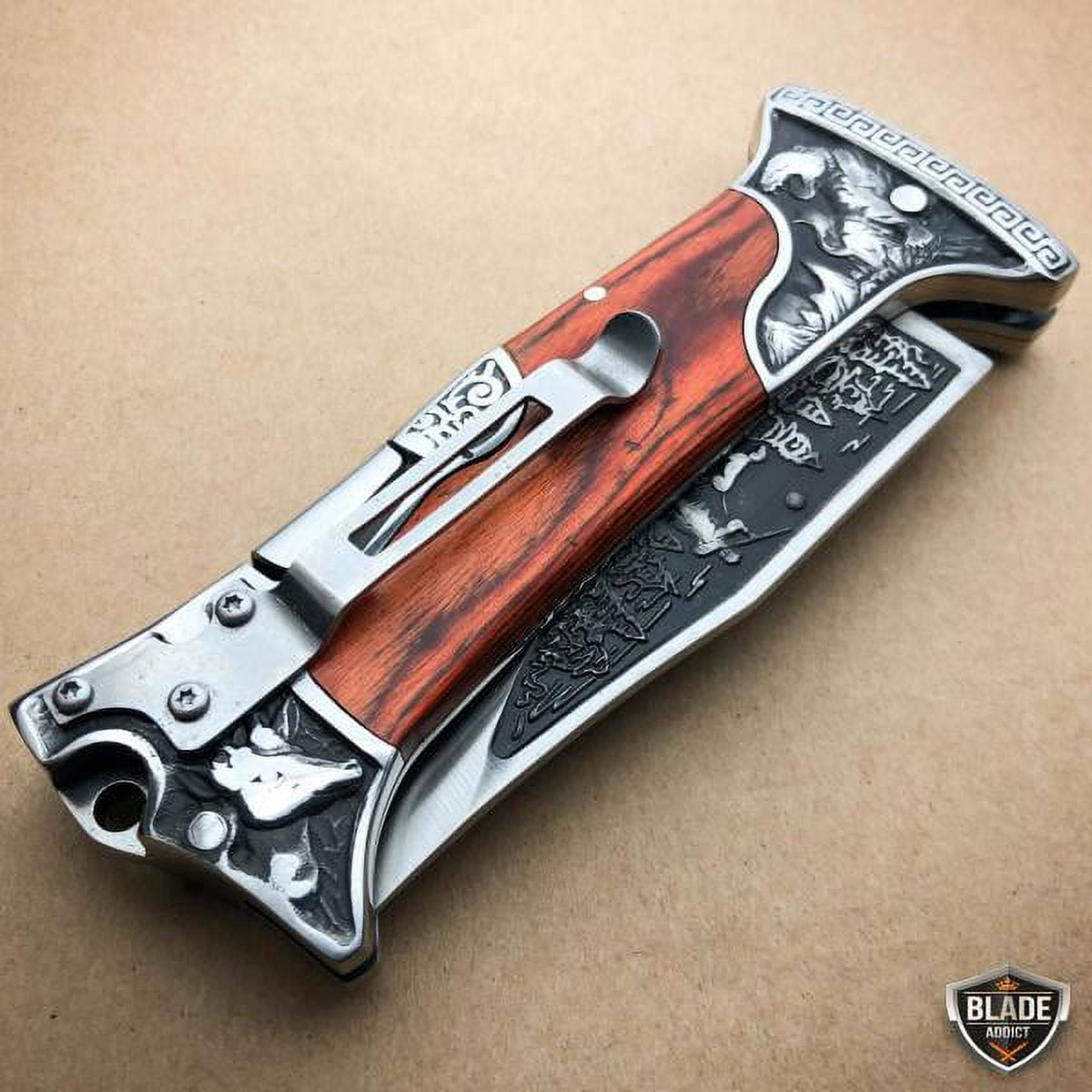 9" Brown Wood Handle Hunting Engraved Blade Lockback Folding Pocket Knife NEW