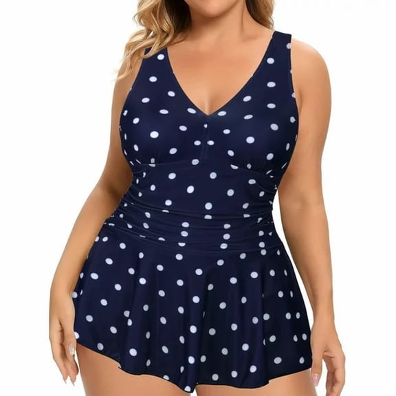 felwors Women's Vintage Polka Dot One Piece Swimdress - Modest Tummy Control Skirted Bathing Suit(Blue, XXL)