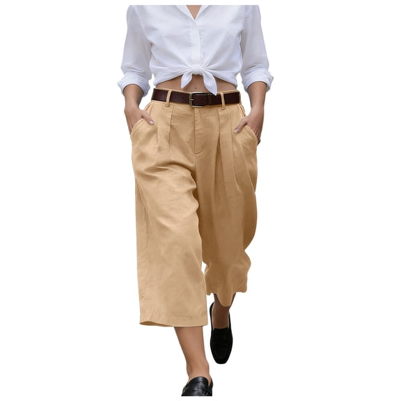 felwors Gaucho Pants For Women Summer Wide Leg Cotton Dressy 2026 Casual Cropped Pant Culottes with Pockets Khaki for Size M
