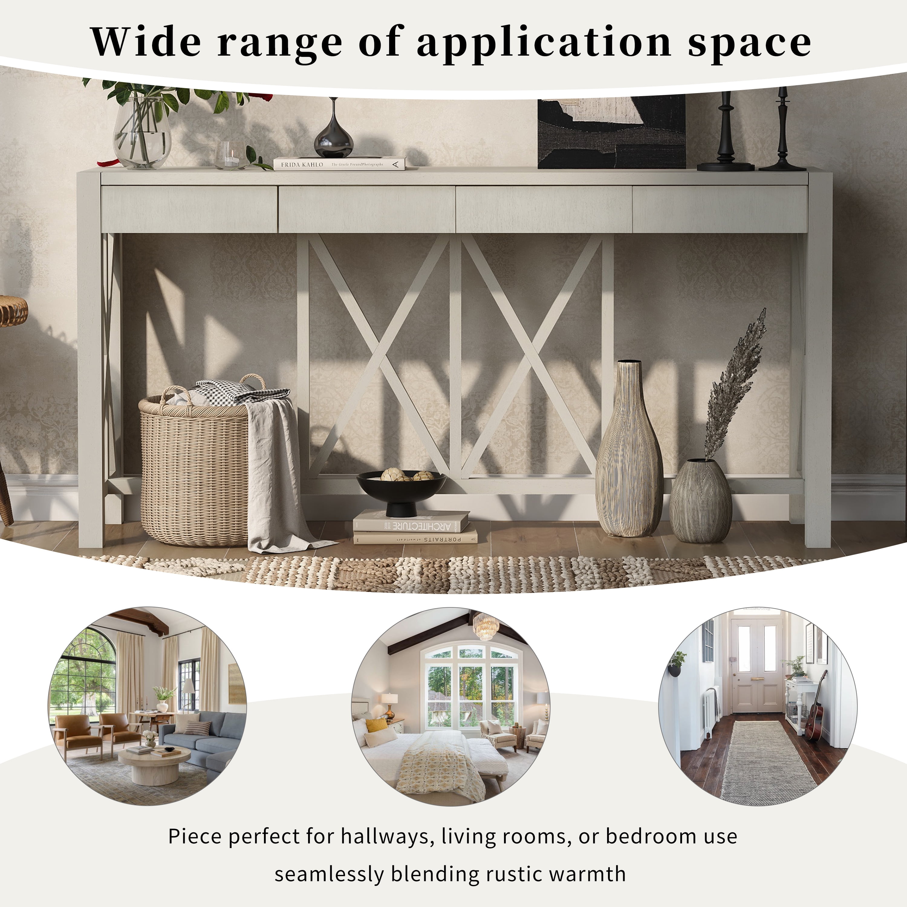 Euroco 60" Wood Console Table with 4 Drawers,Farmhouse Narrow Long Entryway Table Sofa Table with Open Bottom Storage for Living Room,Kitchen,Hallway,Beige
