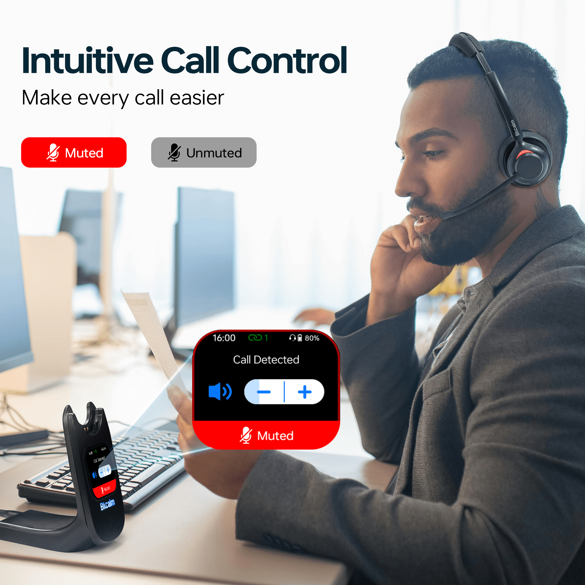 Blucalm Wireless Headset with Mic for Work - V5.4 Headset with Noise Canceling, PC Headphones with Mic Mute & USB Dongle, Smart Dock with Touch Screen for Work from Home, Teams, Zoom