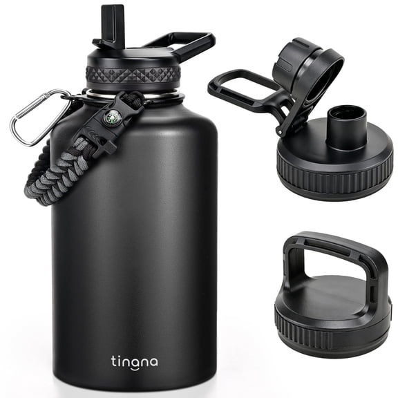 TINANA 64 oz Half Gallon Insulated Water Bottle with 3 Lids, Stainless Steel Wide Mouth Jug with Paracord Handle, Black